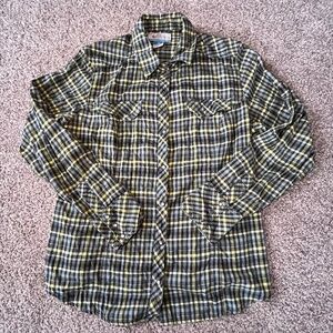 Columbia Women's Large green yellow Plaid Snap Button Western Long Sleeve Shirt